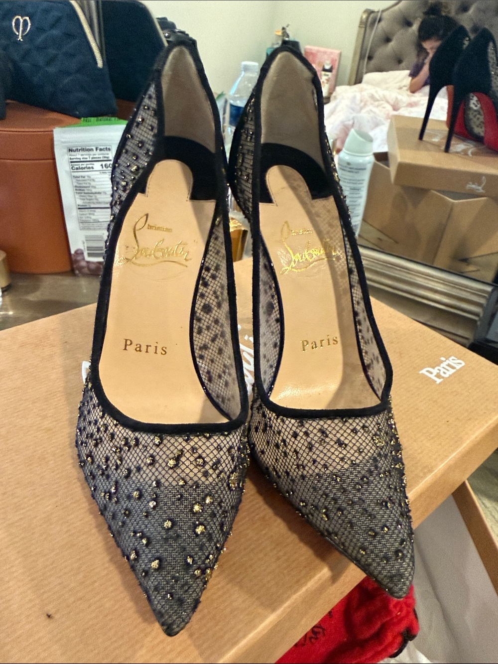 Christian Louboutin Black Mesh and Gold-Accented Pointed Pumps